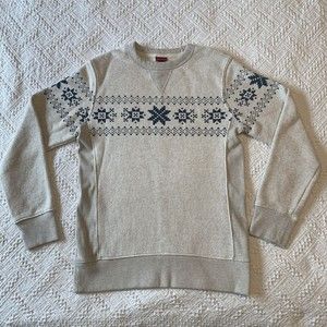 Merona Pullover Sweater Men's Small Ivory & Blue Snowflake Holiday Cotton